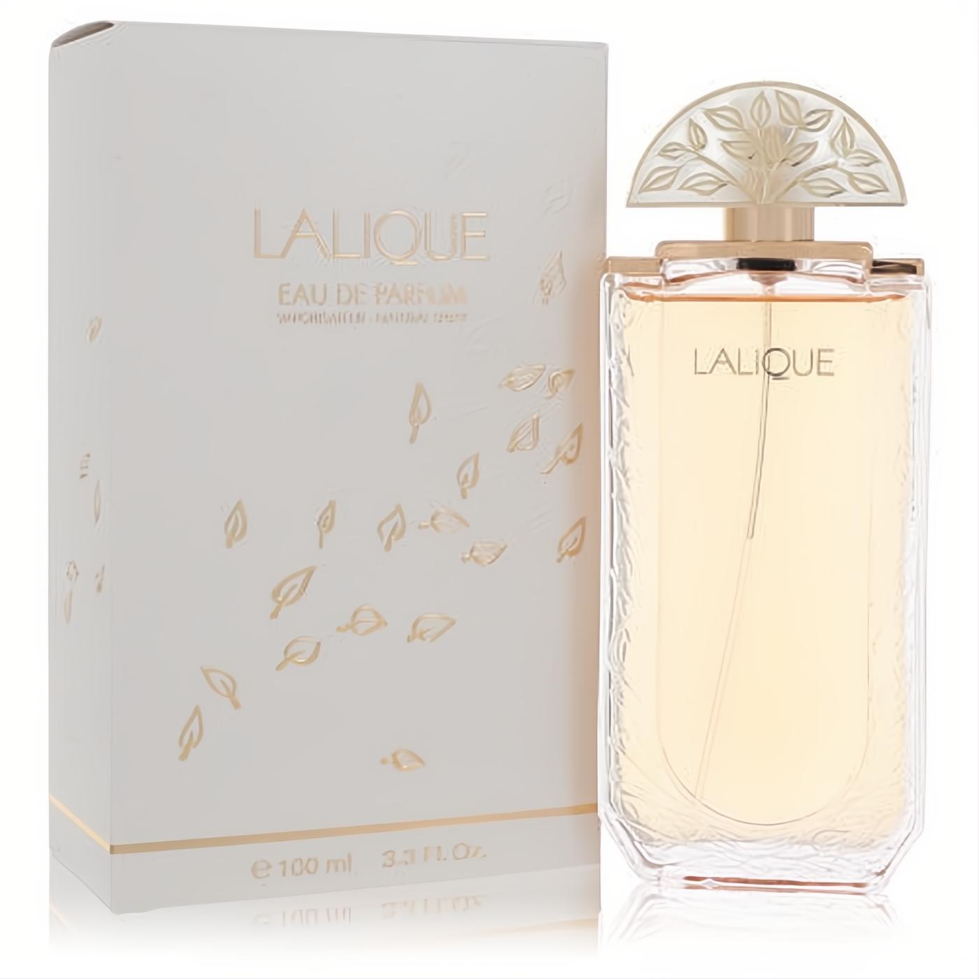 Lalique Eau De Parfum 3.3 oz spray: clear bottle with etched leaves, unique gold tree cap, and elegant white & gold leaf box.