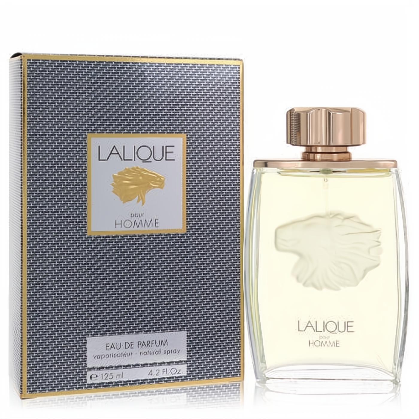 Lalique Pour Homme 4.2 oz EDP spray. Elegant clear bottle with a striking gold lion emblem, next to its luxurious textured black and gold box.