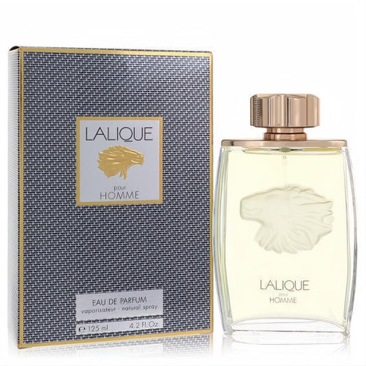Lalique Pour Homme 4.2 oz EDP spray. Elegant clear bottle with a striking gold lion emblem, next to its luxurious textured black and gold box.