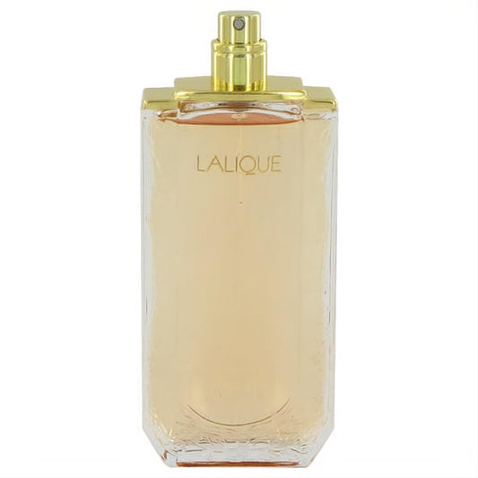 Lalique women's Eau De Parfum spray in a sleek clear glass bottle with a luxurious gold top, showcasing the warm amber scent.
