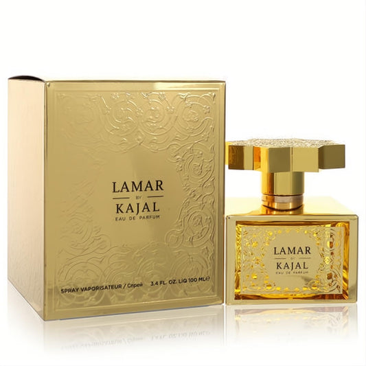 Lamar by Kajal 3.4 oz gold Eau De Parfum spray bottle and ornate matching box. Features intricate embossed patterns for a luxurious appeal.