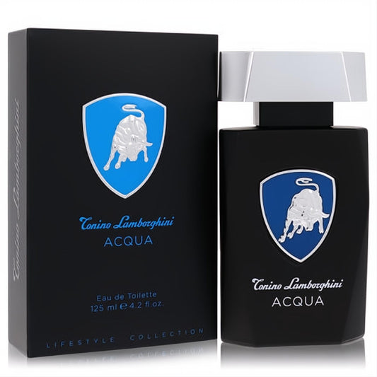 Tonino Lamborghini Acqua 4.2 oz EDT. Bold black bottle and box, silver cap, iconic blue bull logo. Elevate your style.