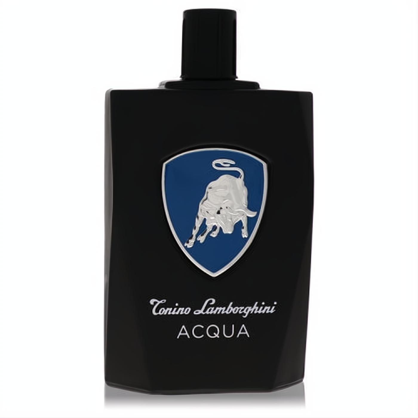Sleek black Tonino Lamborghini Acqua 4.2 oz men's EDT bottle, featuring the iconic silver and blue bull logo.