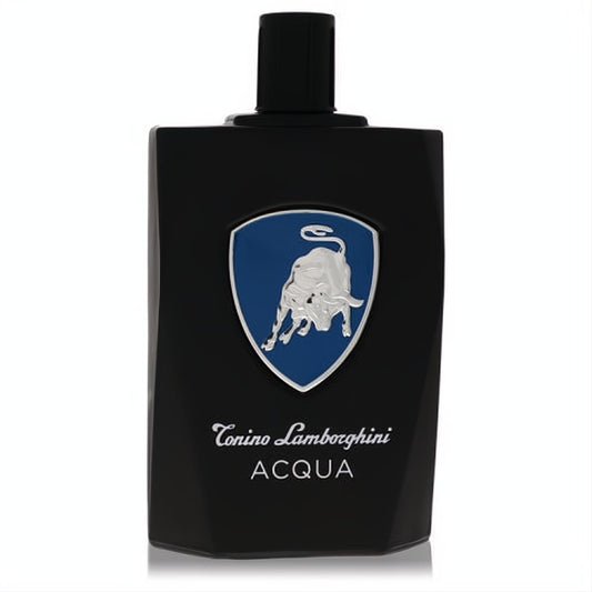 Sleek black Tonino Lamborghini Acqua 4.2 oz men's EDT bottle, featuring the iconic silver and blue bull logo.