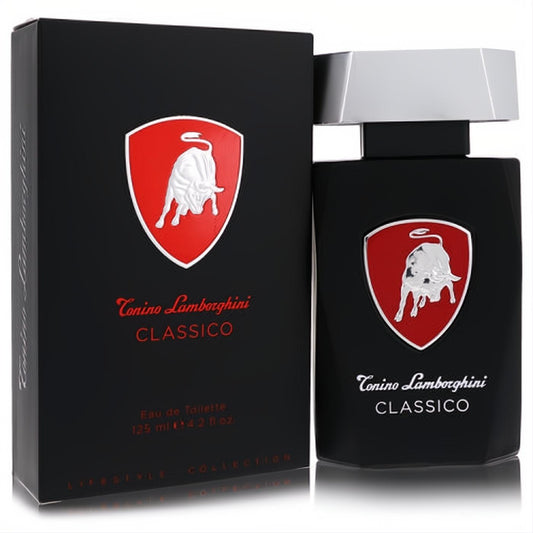 Tonino Lamborghini Classico 4.2 oz men's EDT. Sleek black bottle, silver cap, and iconic red bull logo for a bold statement.