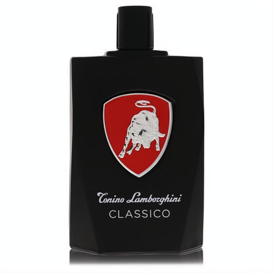 Bold Tonino Lamborghini Classico men's fragrance in a sleek black bottle with a striking red and silver bull emblem.