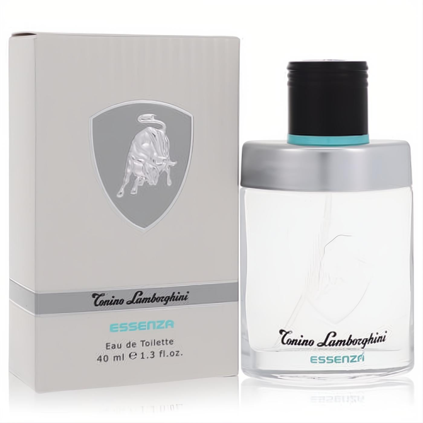 Luxury Tonino Lamborghini Essenza 1.3 oz men's EDT. Clear glass bottle with silver cap and elegant gray box featuring the iconic bull.
