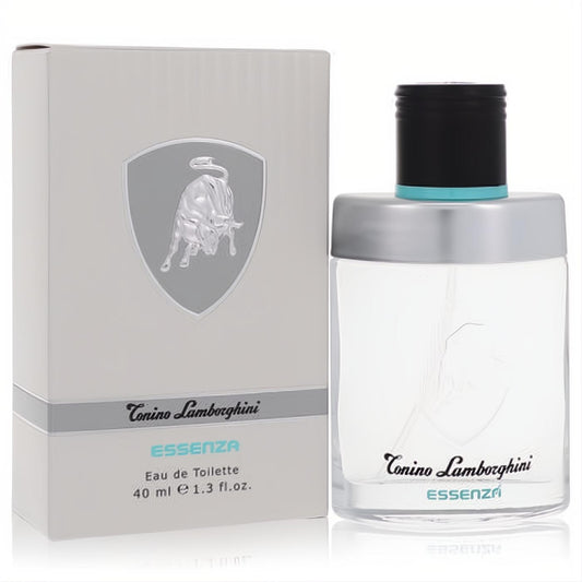 Luxury Tonino Lamborghini Essenza 1.3 oz men's EDT. Clear glass bottle with silver cap and elegant gray box featuring the iconic bull.