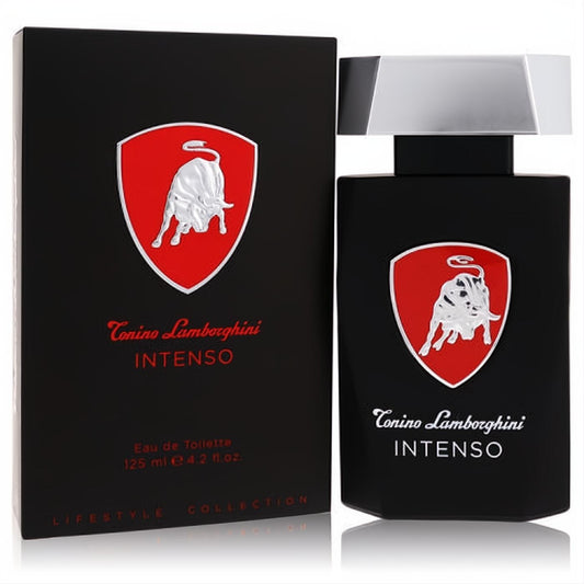 Bold Tonino Lamborghini Intenso 4.2 oz EDT in a sleek black bottle and matching box, featuring the iconic silver bull on a red shield.