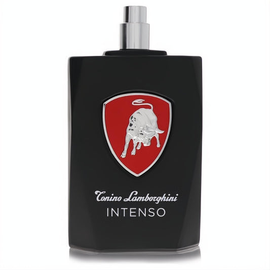 Sophisticated Tonino Lamborghini Intenso men's EDT spray. Matte black bottle, iconic red bull logo, silver cap.