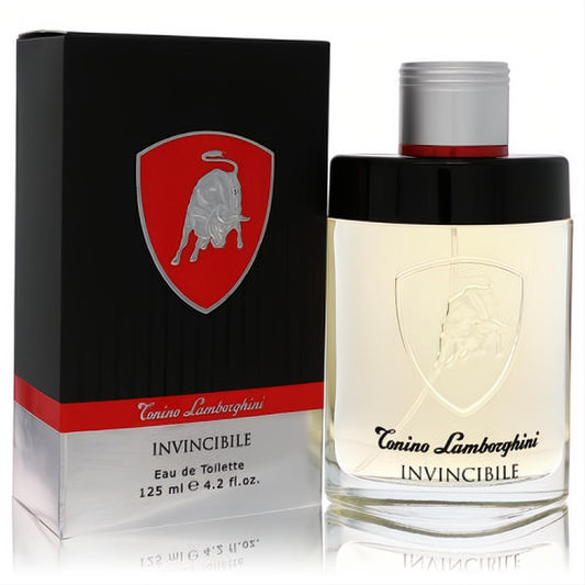 Tonino Lamborghini Invincibile 4.2 oz men's cologne. Clear glass bottle, silver cap, and striking black box with iconic red bull logo.