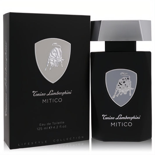 Luxurious Tonino Lamborghini Mitico 4.2 oz EDT in a sleek black bottle and box, with iconic silver bull logo.