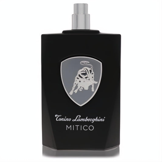 Sleek matte black Tonino Lamborghini Mitico men's fragrance bottle with a striking silver bull logo and chrome cap.