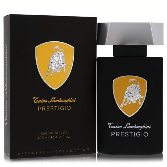 Tonino Lamborghini Prestigio 4.2 oz EDT. Elegant black bottle, silver cap, and matching box featuring the iconic gold bull crest.