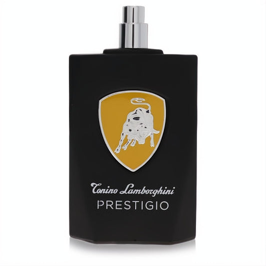 Sleek matte black Tonino Lamborghini Prestigio EDT spray, 4.2 oz, with iconic silver bull emblem for men.