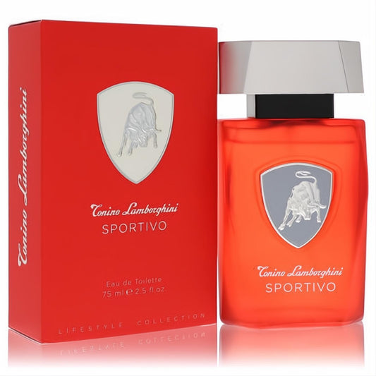 Bold red Tonino Lamborghini Sportivo 2.5 oz EDT spray bottle with sleek silver cap and matching box, featuring the iconic bull logo.