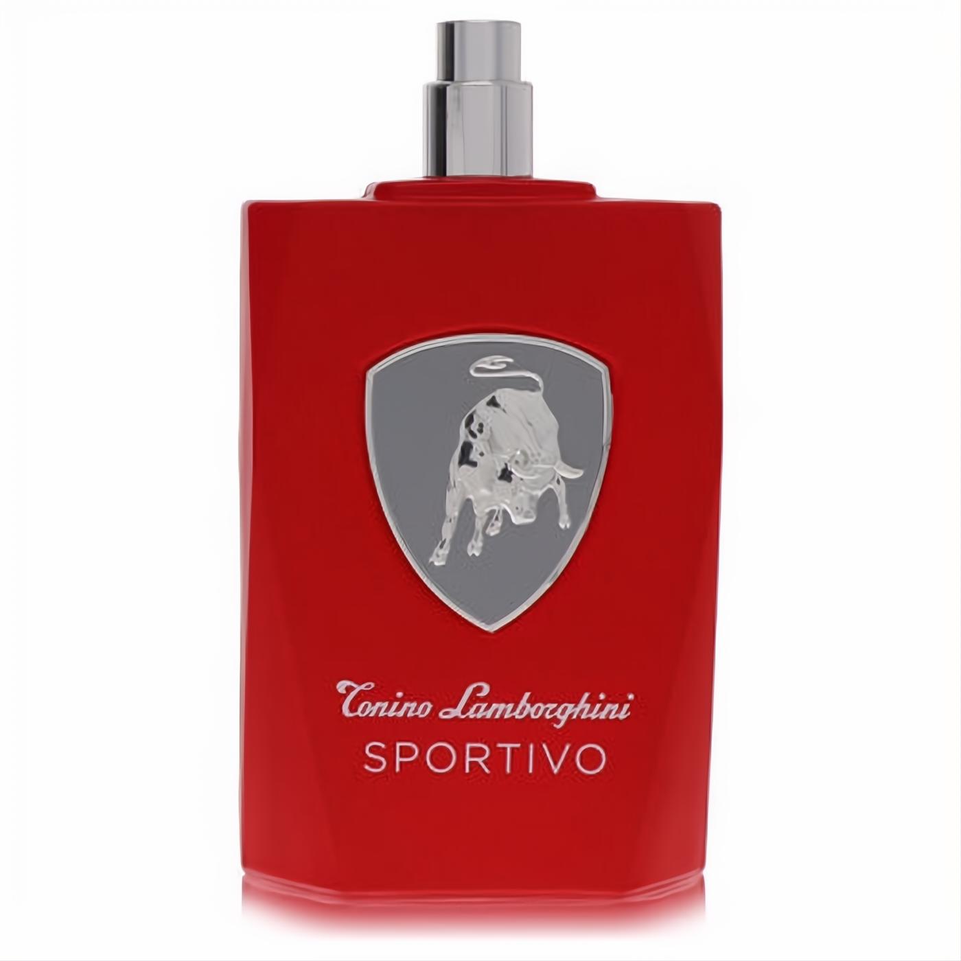 Bold red Tonino Lamborghini Sportivo EDT spray for men, featuring a sleek bottle, iconic silver bull emblem, and metallic cap.