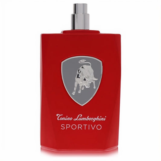 Bold red Tonino Lamborghini Sportivo EDT spray for men, featuring a sleek bottle, iconic silver bull emblem, and metallic cap.
