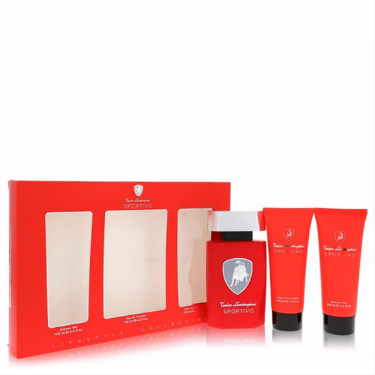 Striking red Lamborghini Sportivo men's gift set with 4.2 oz EDT spray, 3.4 oz shower gel, and after shave balm.