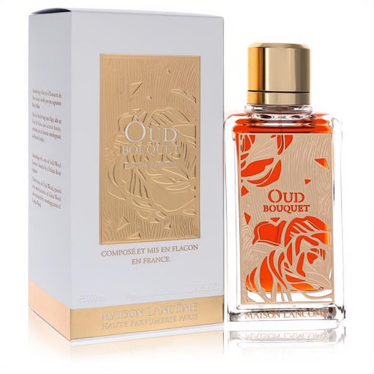 Lancome Oud Bouquet 3.4 oz unisex EDP. Luxurious gold rose bottle with rich amber liquid and elegant white box.