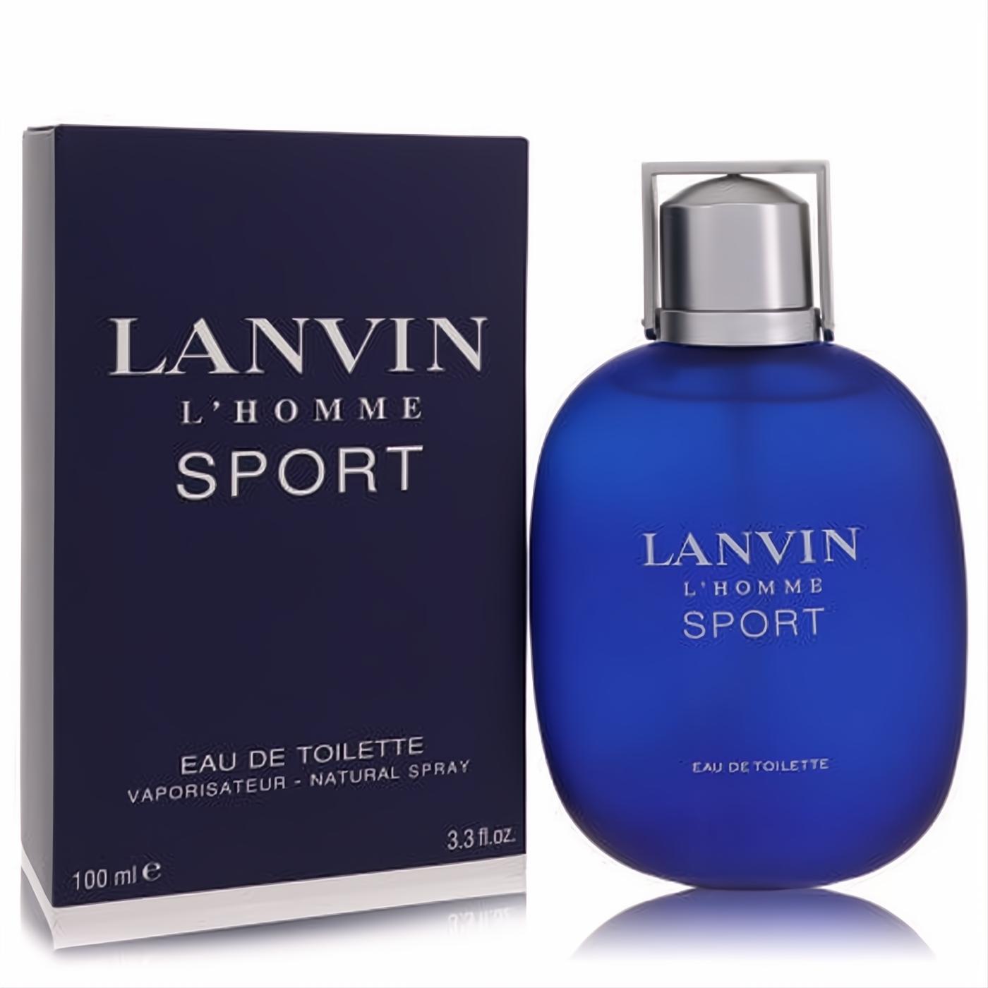 Lanvin L'homme Sport 3.3 oz EDT. Bold blue bottle with sleek silver cap and elegant matching packaging for men.