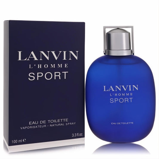 Lanvin L'homme Sport 3.3 oz EDT. Bold blue bottle with sleek silver cap and elegant matching packaging for men.
