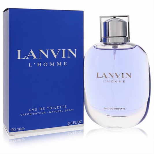Lanvin L'Homme Eau De Toilette 3.3 oz. Sleek clear glass bottle with lavender liquid and silver cap, beside a vibrant blue box.