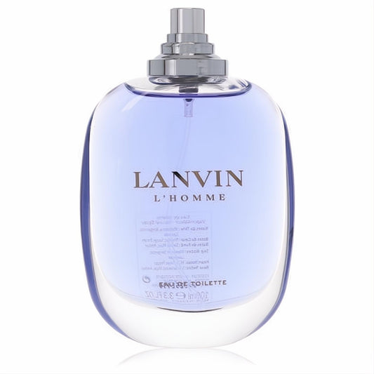 Sophisticated Lanvin L'Homme 3.4 oz Eau De Toilette for men, featuring a clear glass bottle with light blue fragrance and silver atomizer.