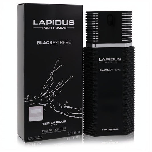 Lapidus Black Extreme men's 3.4 oz Eau De Toilette spray. Sleek black bottle with ribbed cap and matching textured box.