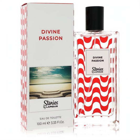 Lapidus Divine Passion 3.3 oz Eau De Toilette spray. Elegant clear bottle with vibrant red wavy design, paired with a stylish white box.