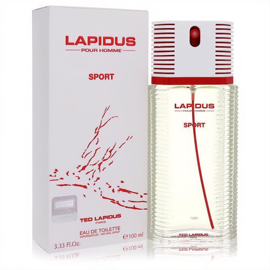 Ted Lapidus Pour Homme Sport 3.33 oz EDT: clear ribbed glass bottle with bold red striped cap and matching white box.