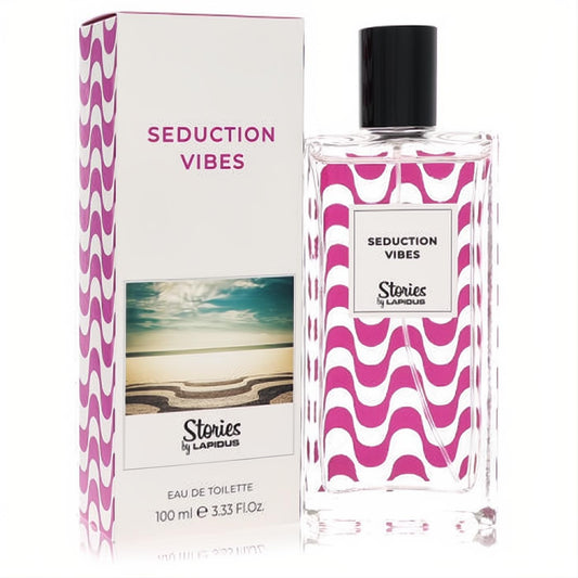 Lapidus Seduction Vibes 3.3 oz EDT. Clear bottle with vibrant pink waves, sleek black cap, and matching white box.