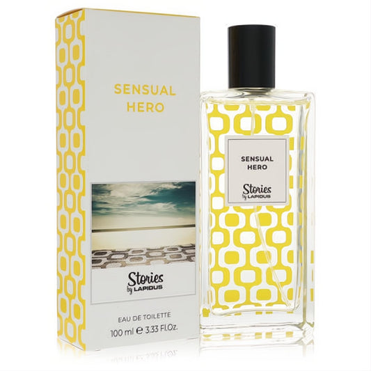 Lapidus Sensual Hero men's 3.3 oz EDT. Clear glass bottle with striking yellow link pattern, black cap, and elegant matching box.