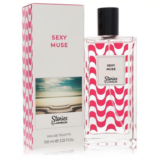 Lapidus Sexy Muse 3.3 oz EDT. Elegant clear bottle with iconic red and white wavy pattern, black cap, and matching box.