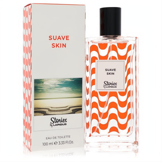 Lapidus Suave Skin 3.3 oz Eau De Toilette. Clear bottle with vibrant orange wavy design, black cap, and matching white box.