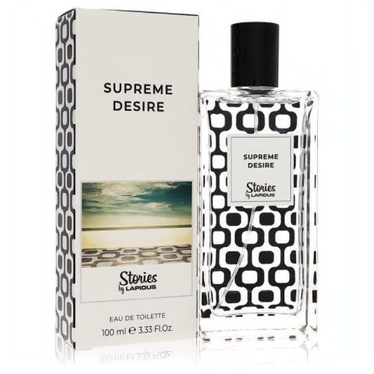 Lapidus Supreme Desire 3.3 oz Eau De Toilette. Clear glass bottle with striking black & white geometric design, paired with its elegant box.