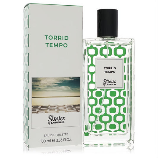 Lapidus Torrid Tempo 3.3 oz EDT spray. Clear bottle with vibrant green geometric pattern, black cap, next to white box featuring a beach scene.