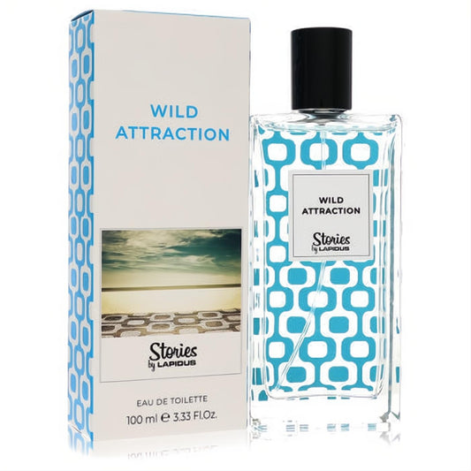 Captivating Lapidus Wild Attraction 3.3 oz EDT. Clear bottle with unique blue geometric pattern, black cap, and matching box.
