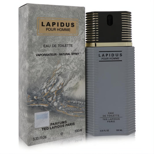 Experience Lapidus Pour Homme 3.33 oz EDT. Bold gray ribbed bottle, black & gold cap, beside its matching textured box.