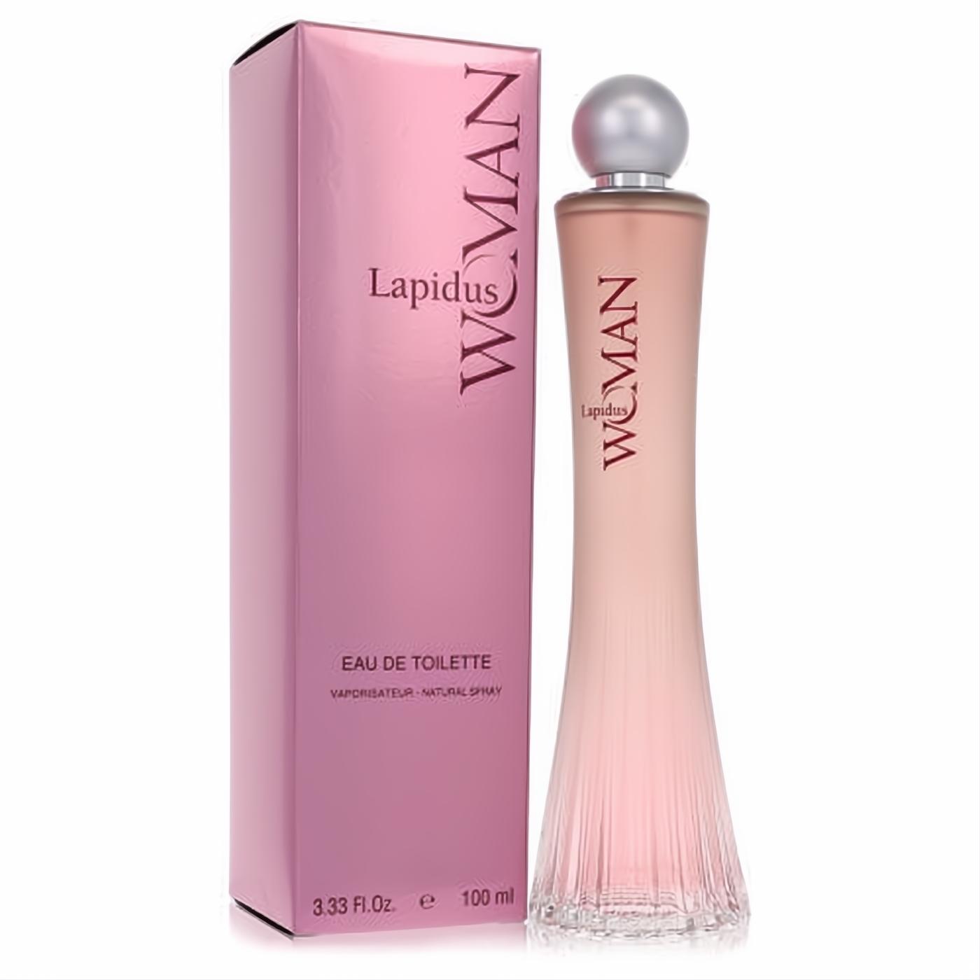 Lapidus Woman Eau De Toilette spray, 3.4 oz. Elegant rose gold tapered glass bottle with silver cap and matching pink box.