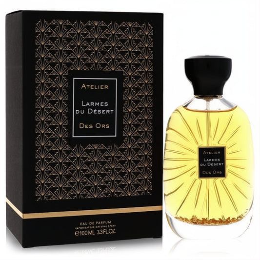 Atelier Des Ors Larmes Du Desert 3.3oz EDP. Golden liquid, flakes, and sunburst bottle with an elegant black art deco box.