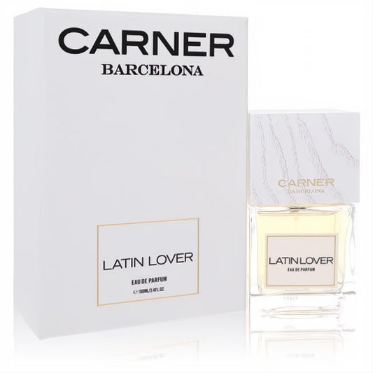 Carner Barcelona Latin Lover 3.4 oz women's Eau De Parfum: clear bottle with light yellow liquid, white cap, and elegant white box with gold details.