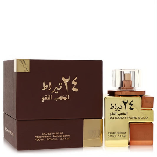 Luxurious Lattafa 24 Carat Pure Gold unisex EDP 3.4 oz. Features a striking gold multi-faceted bottle and elegant brown box.