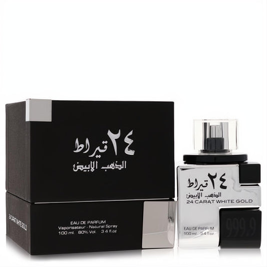 Elegant Lattafa 24 Carat White Gold 3.4 oz unisex EDP. Sleek black box and clear glass bottle with silver label and black base.