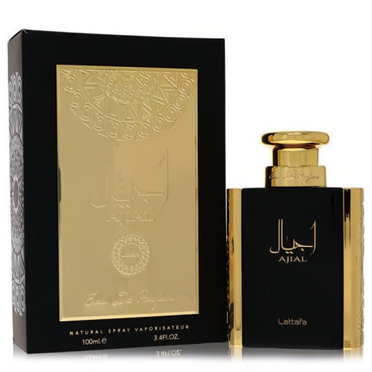 Luxurious Lattafa Ajial men's EDP, 3.4 oz. Bold black bottle with elegant gold cap & Arabic script, beside its ornate black and gold box.