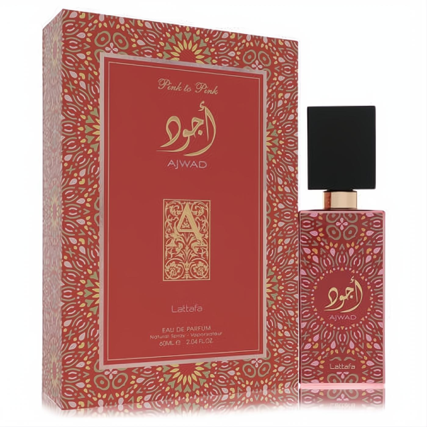 Captivating Lattafa Ajwad Pink to Pink 2 oz EDP. Ornate red/pink bottle with intricate gold Arabic script, sleek black cap, and matching patterned box.