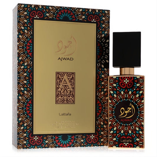 Lattafa Ajwad 2.03 oz EDP spray. Elegant bottle and box with intricate gold, red, and blue Middle Eastern pattern.