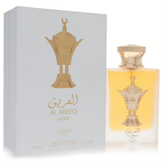 Luxurious Lattafa Al Areeq Gold 3.4 oz unisex EDP in a frosted bottle with rich golden liquid, intricate emblem, and matching white box.