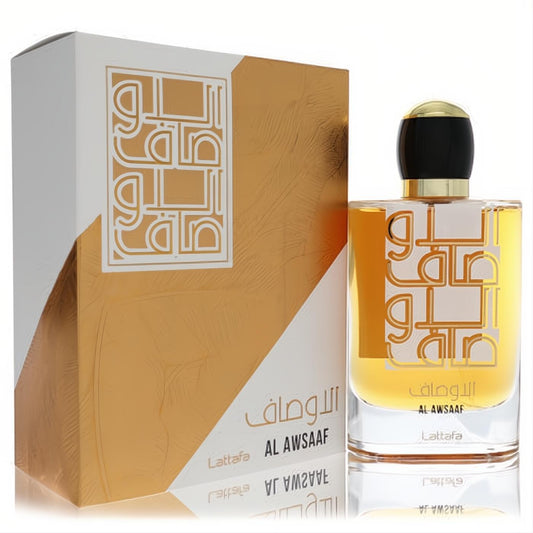 Captivating Lattafa Al Awsaaf 3.4 oz unisex EDP. Elegant clear glass bottle with gold accents and luxurious white & gold packaging.