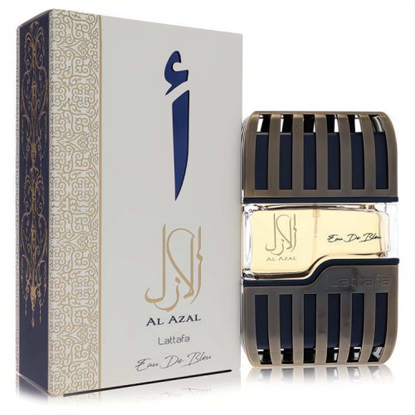Lattafa Al Azal 3.4 oz unisex Eau De Parfum. Exquisite dark bronze caged bottle and elegant white, gold patterned box.